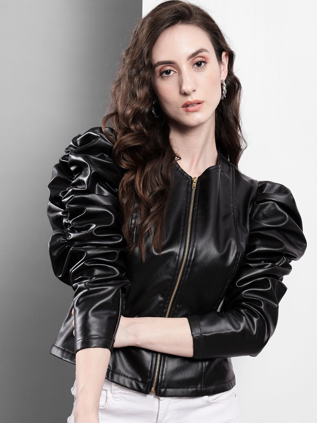 

Darzi Women Black Leather Bomber Jacket