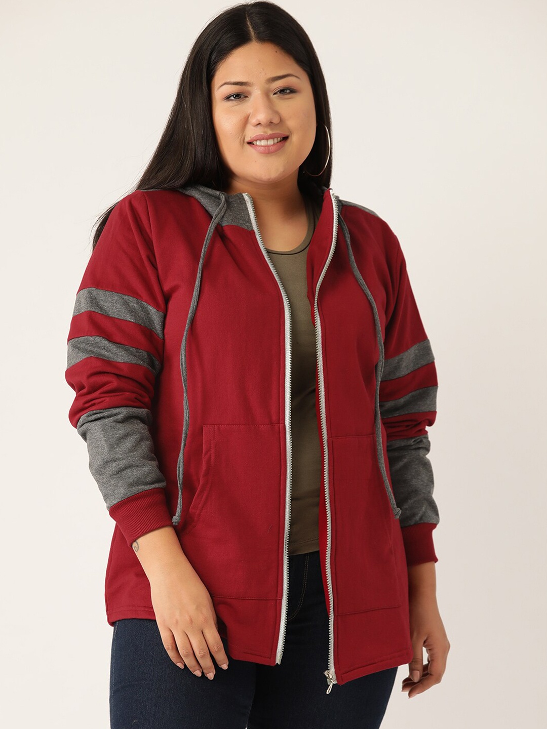 

theRebelinme Women Maroon Striped Fleece Tailored Jacket