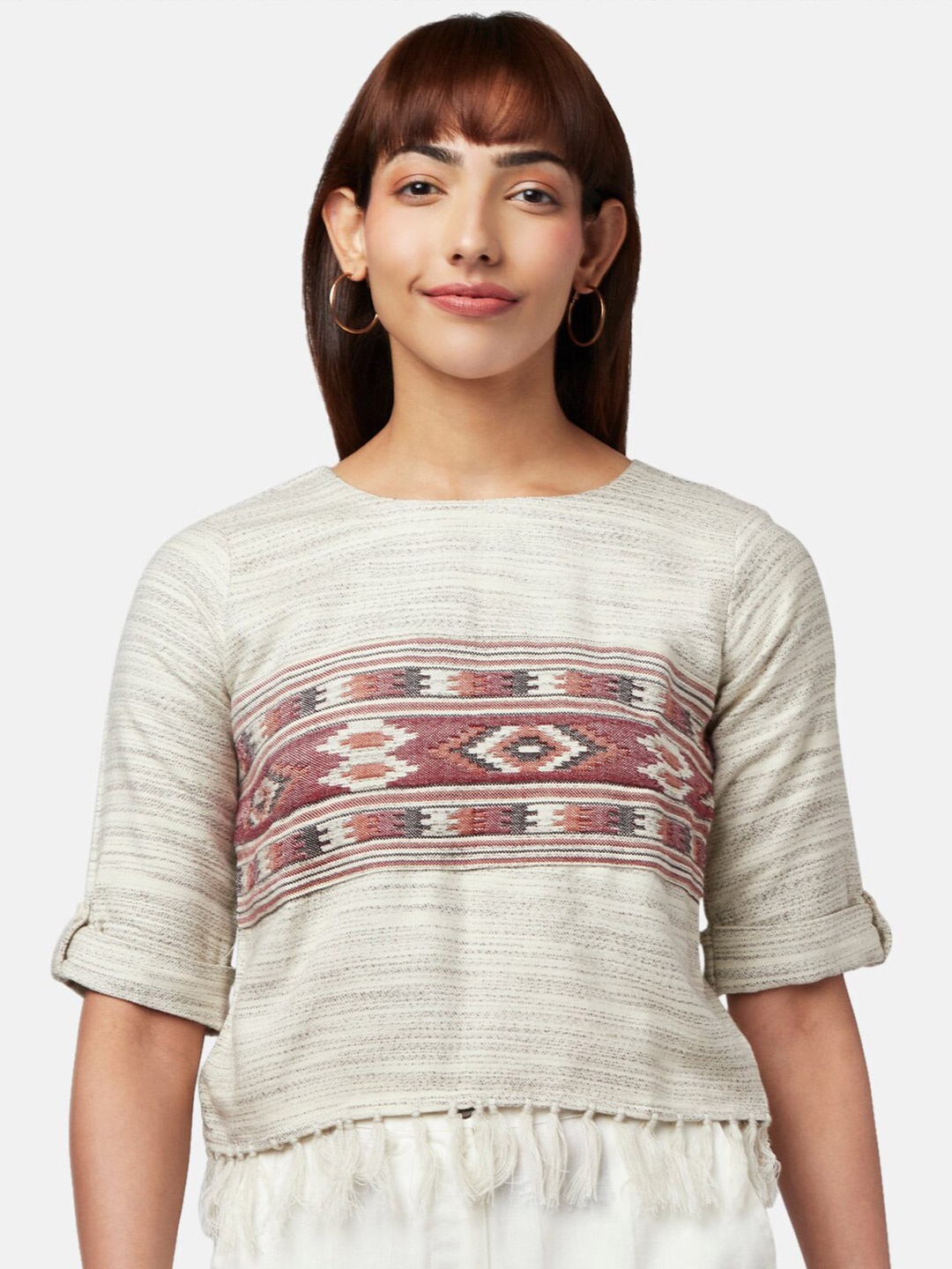 

AKKRITI BY PANTALOONS Women Off White & Brown Printed Pullover