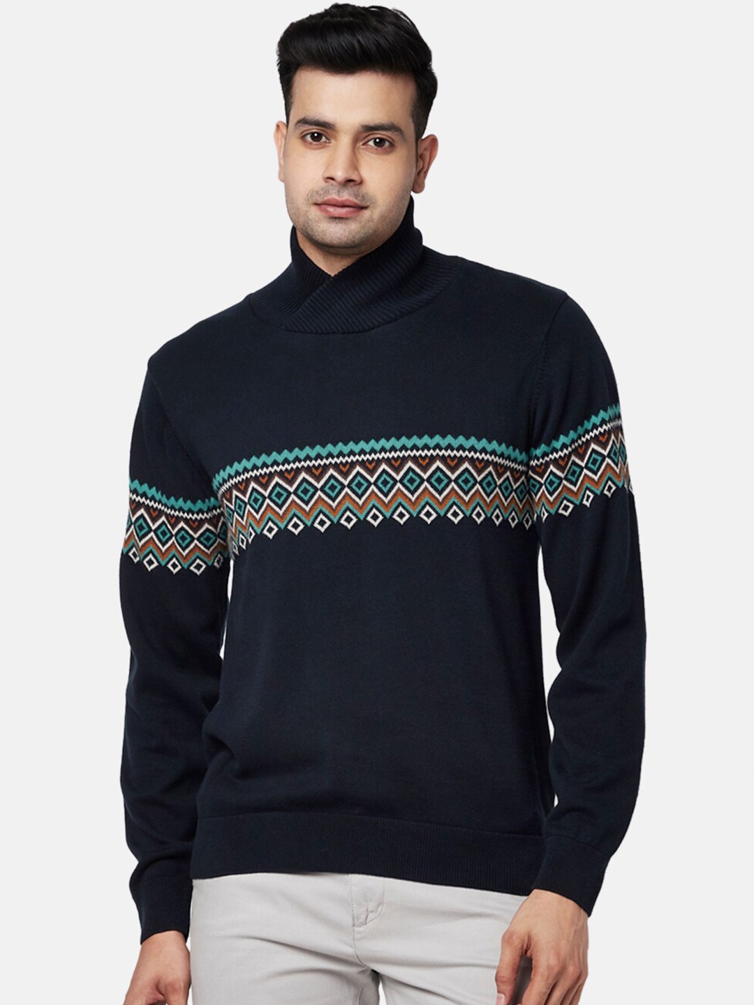 

BYFORD by Pantaloons Men Navy Blue Printed Cotton Pullover