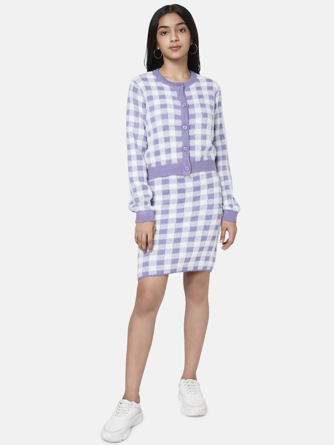 

Coolsters by Pantaloons Girls Lilac & White Checked Sweater Dress With Cardigan, Lavender