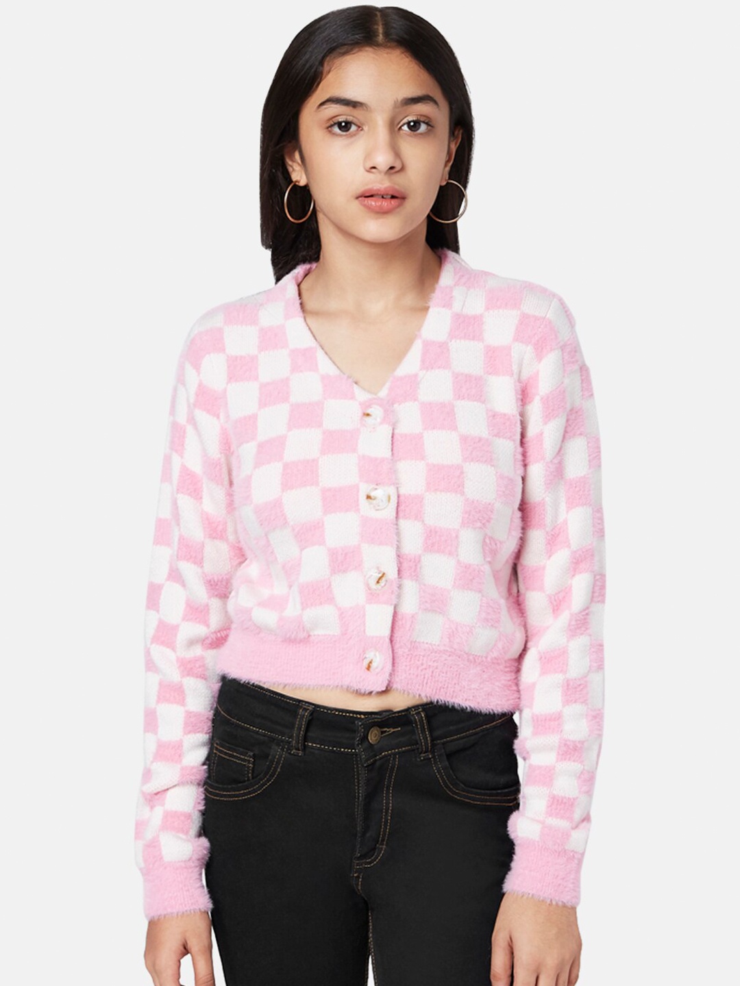 

Coolsters by Pantaloons Girls Pink & White Checked Crop Cardigan Sweater