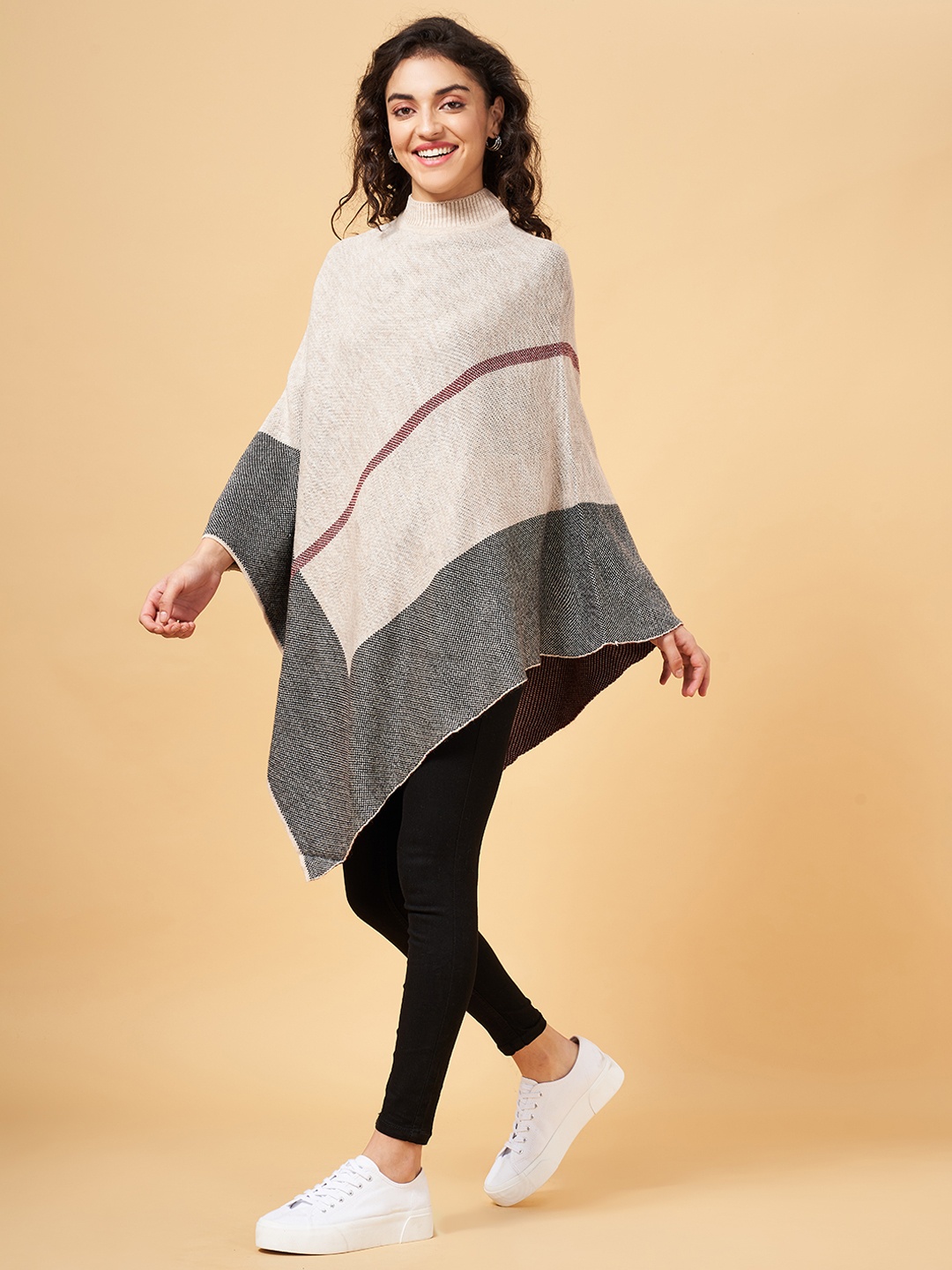 

Honey by Pantaloons Women Beige & Grey Longline Poncho