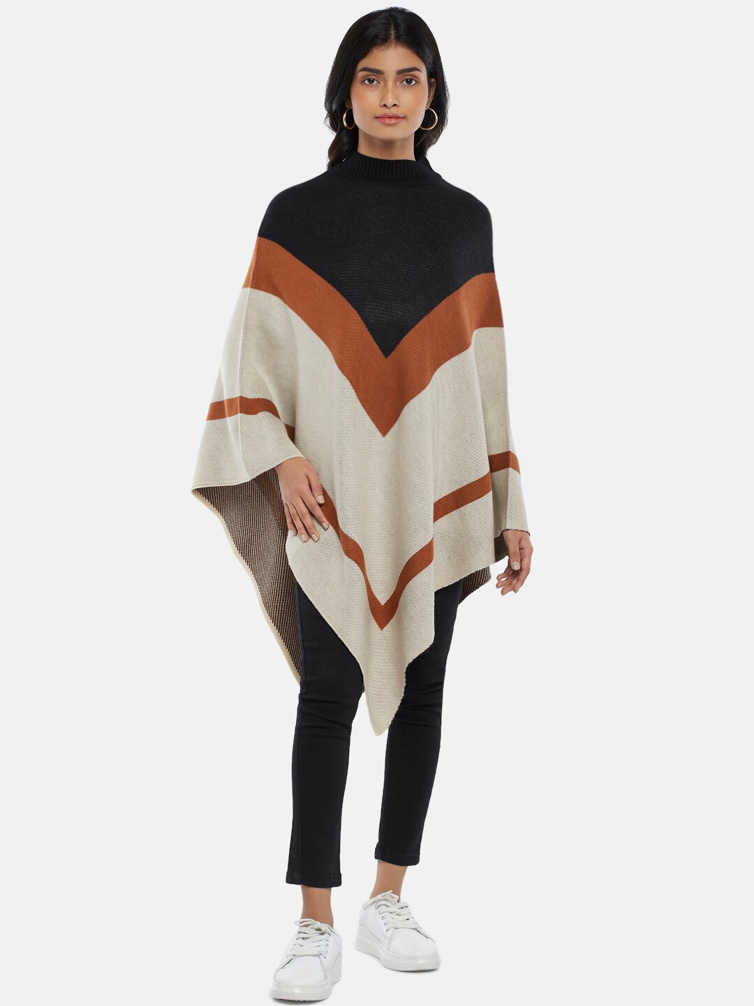 

Honey by Pantaloons Women Beige & Brown Colourblocked Longline Poncho