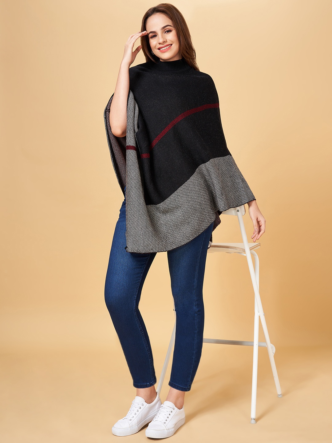 

Honey by Pantaloons Women Black & Grey Colourblocked Longline Poncho