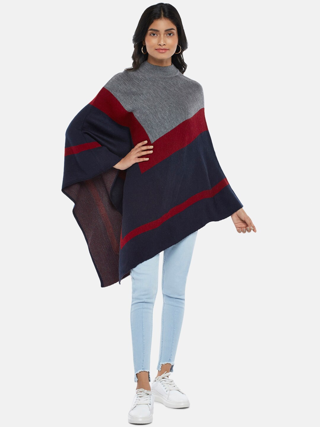 

Honey by Pantaloons Women Maroon & Grey Colourblocked Longline Poncho