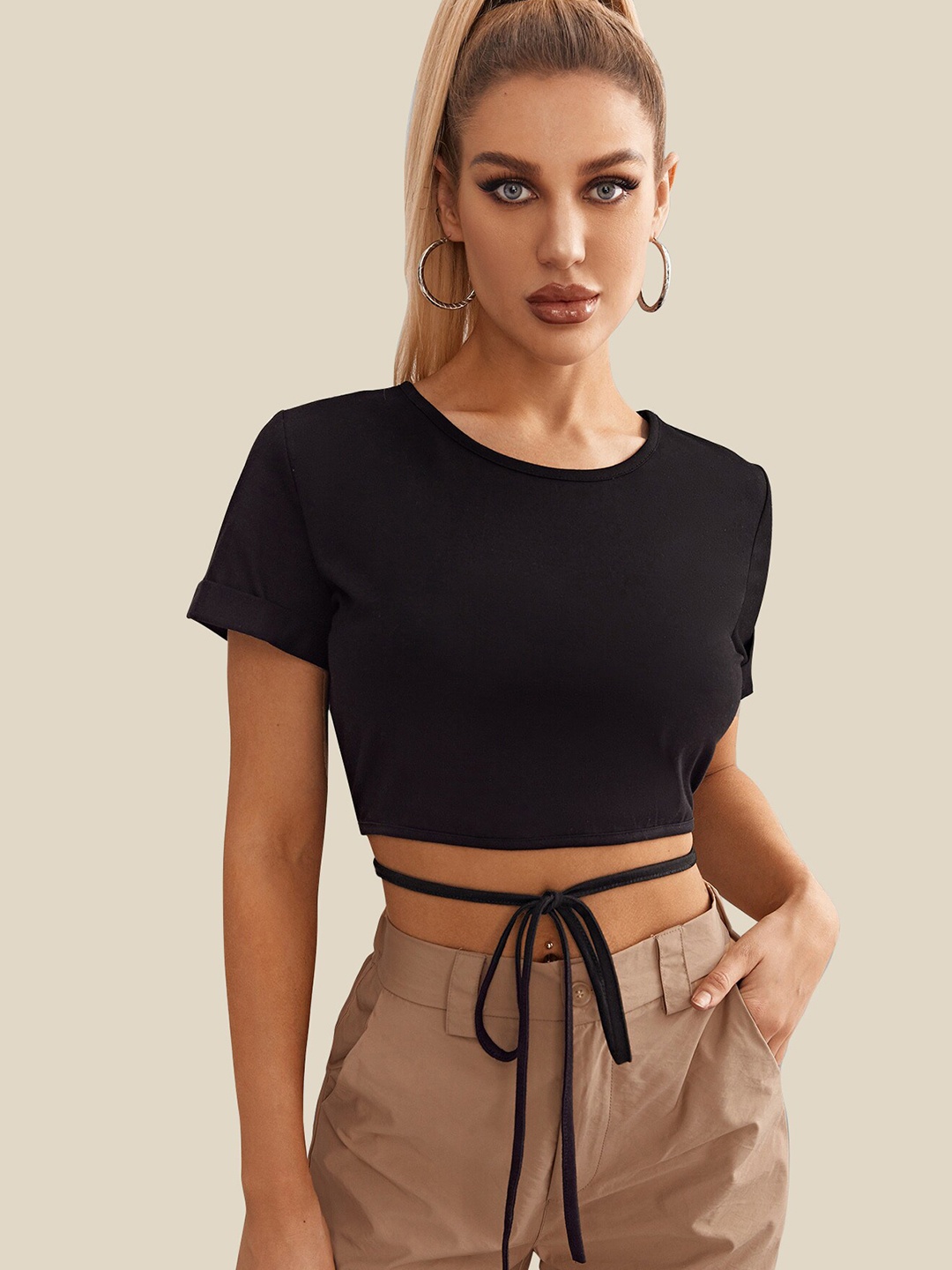 

AAHWAN Women Black Solid Wraparound Crop Top