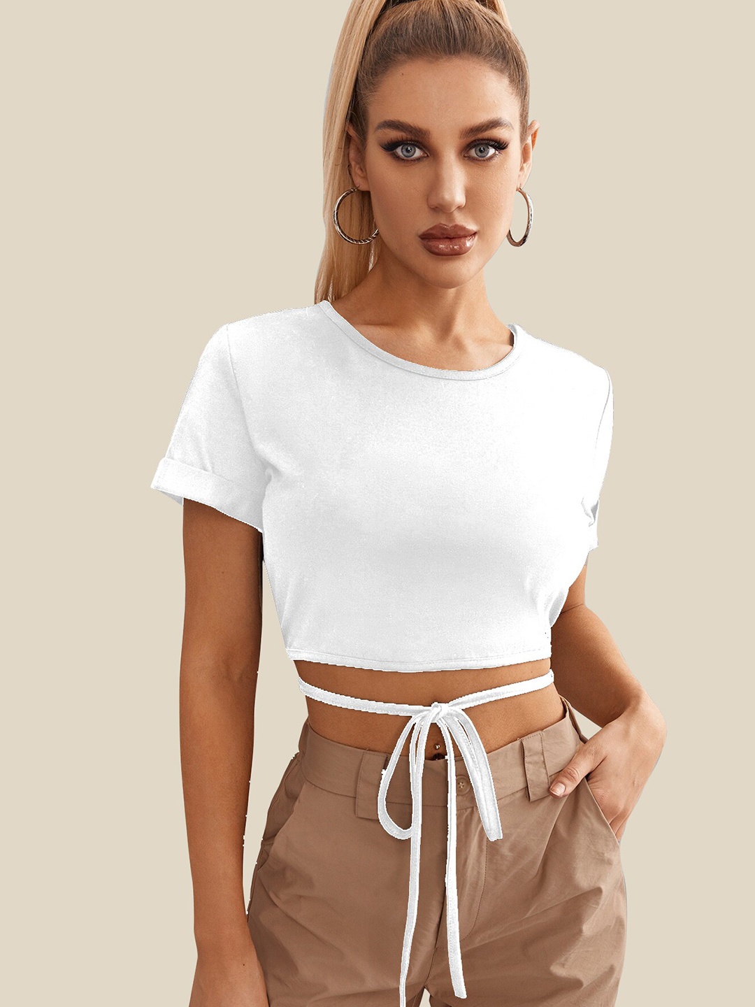 

AAHWAN Women White Solid Wraparound Crop Top