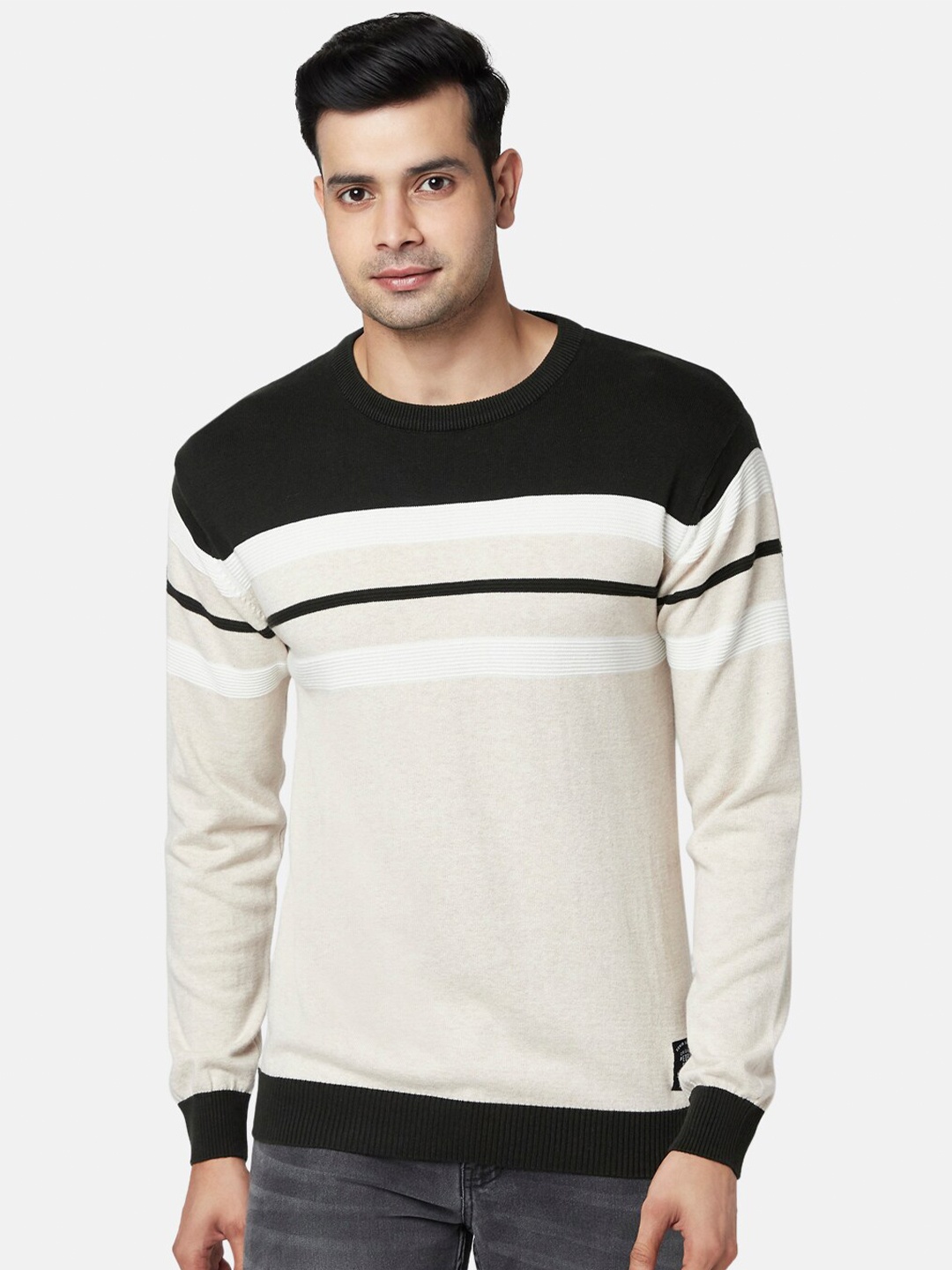

People Men Cream-Coloured & Off White Colourblocked Cotton Pullover
