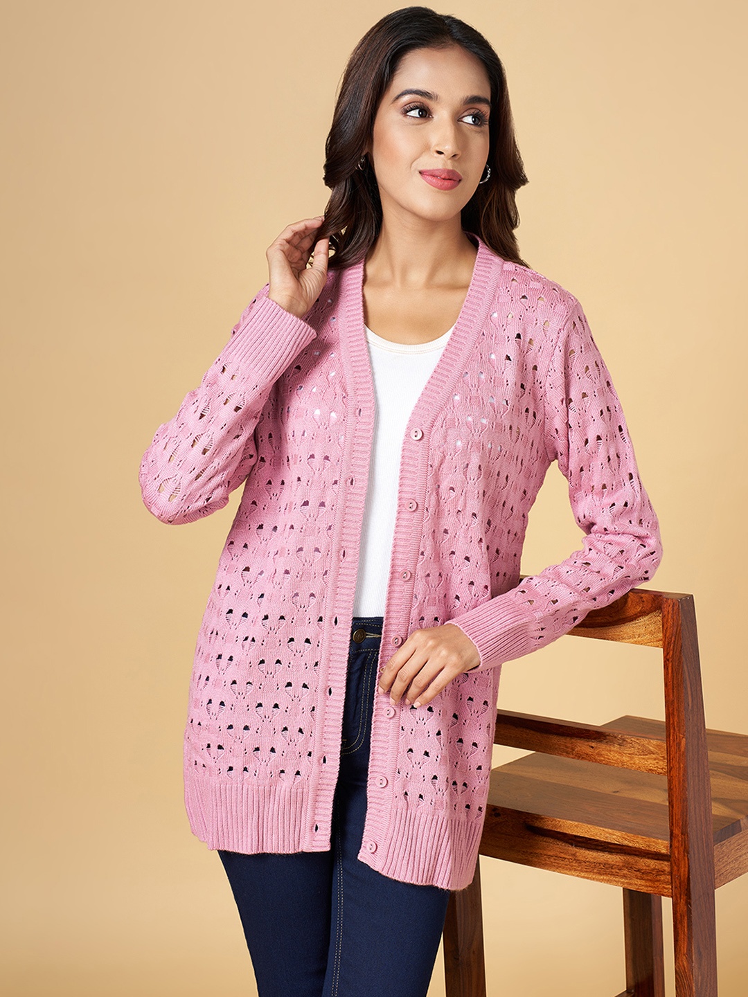 

RANGMANCH BY PANTALOONS Women Pink Acrylic Cardigan