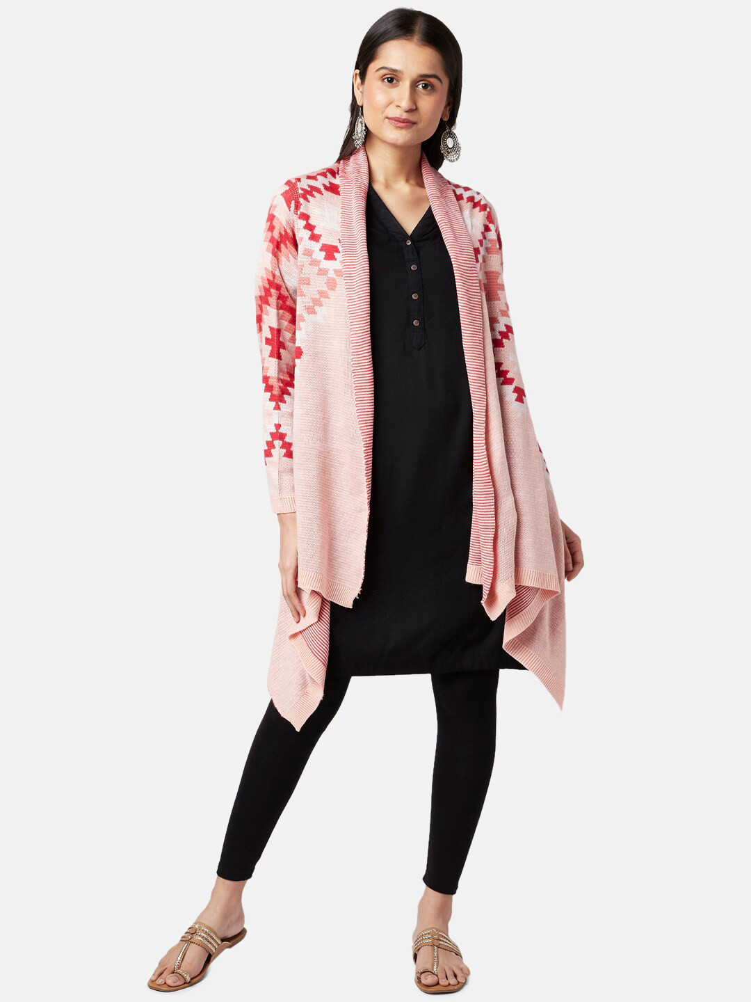 

RANGMANCH BY PANTALOONS Women Pink & Off White Printed Longline Acrylic Sweater