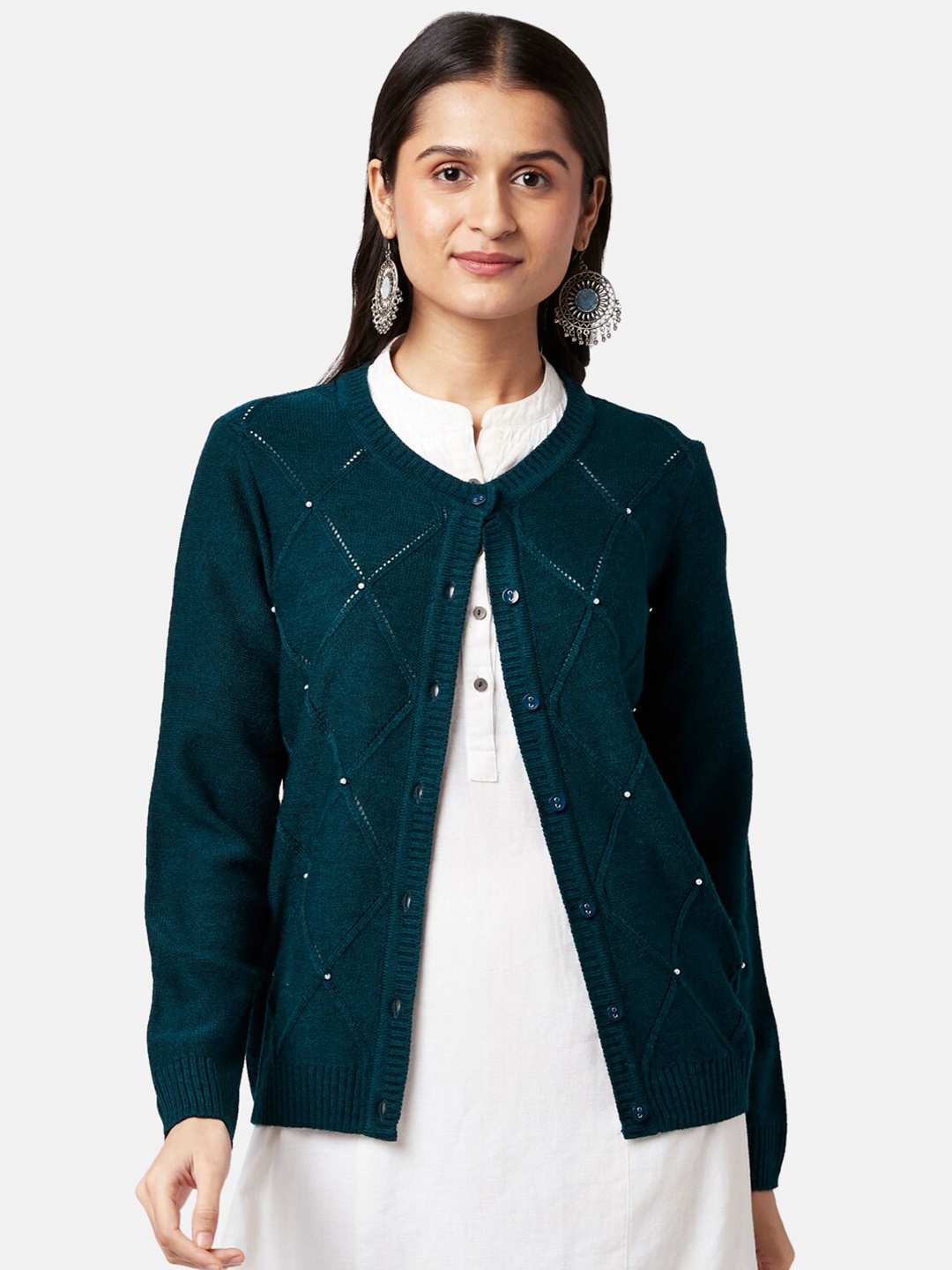 

RANGMANCH BY PANTALOONS Women Teal & White Acrylic Cardigan