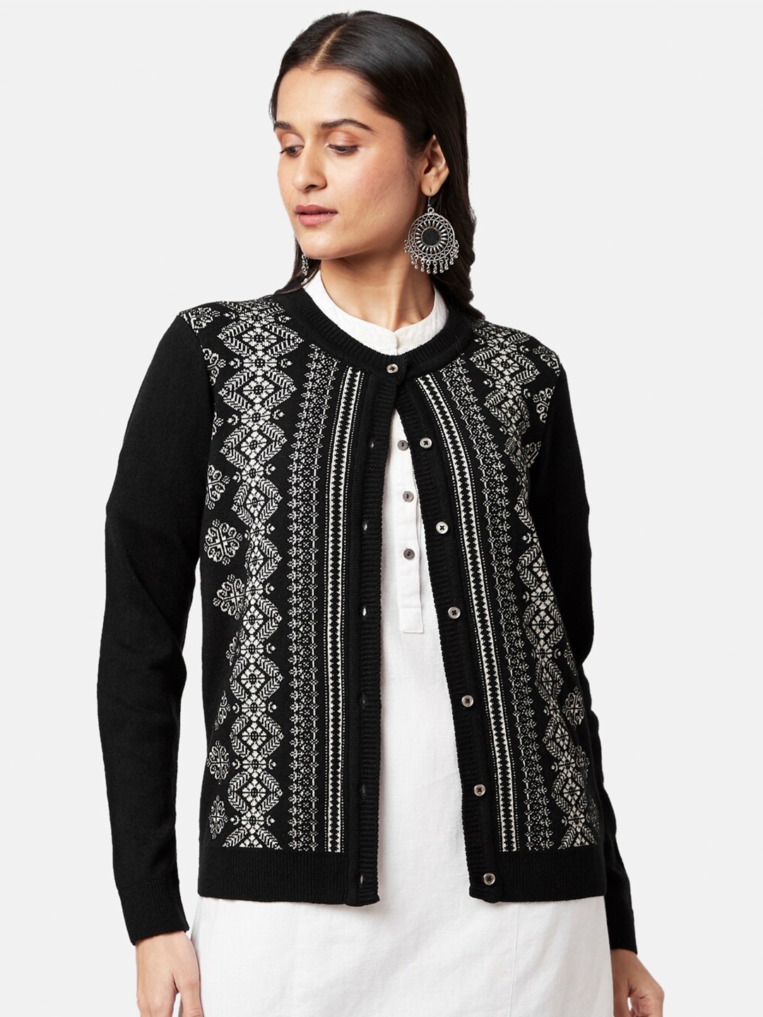 

RANGMANCH BY PANTALOONS Women Black & White Acrylic Cardigan