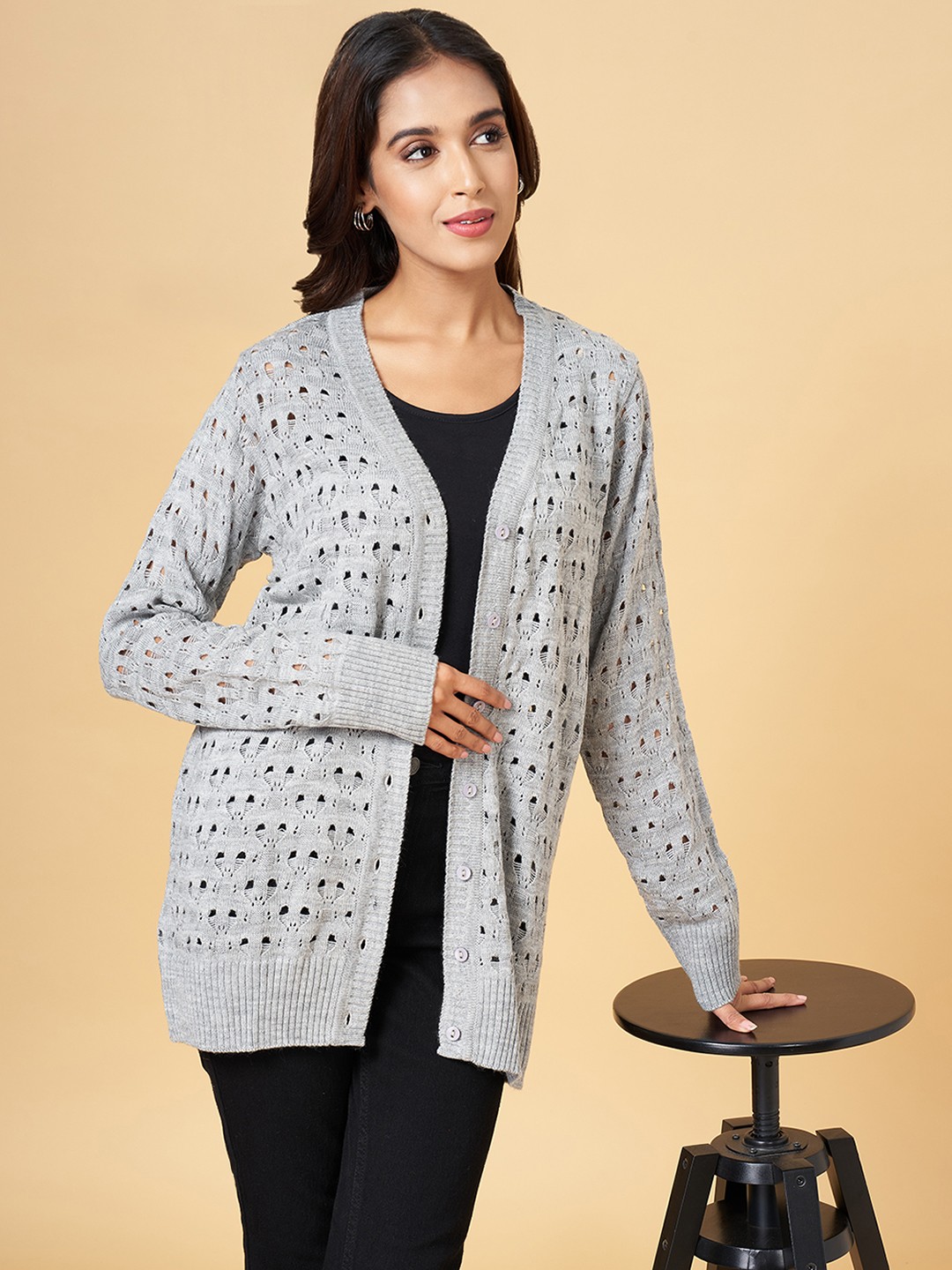 

RANGMANCH BY PANTALOONS Women Grey Acrylic Cardigan
