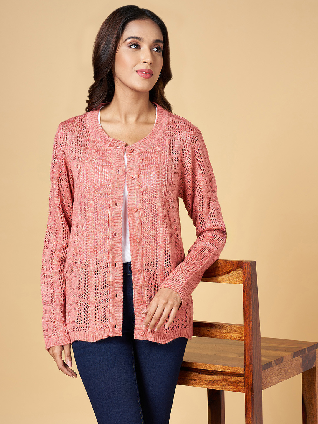 

RANGMANCH BY PANTALOONS Women Peach-Coloured Acrylic Cardigan