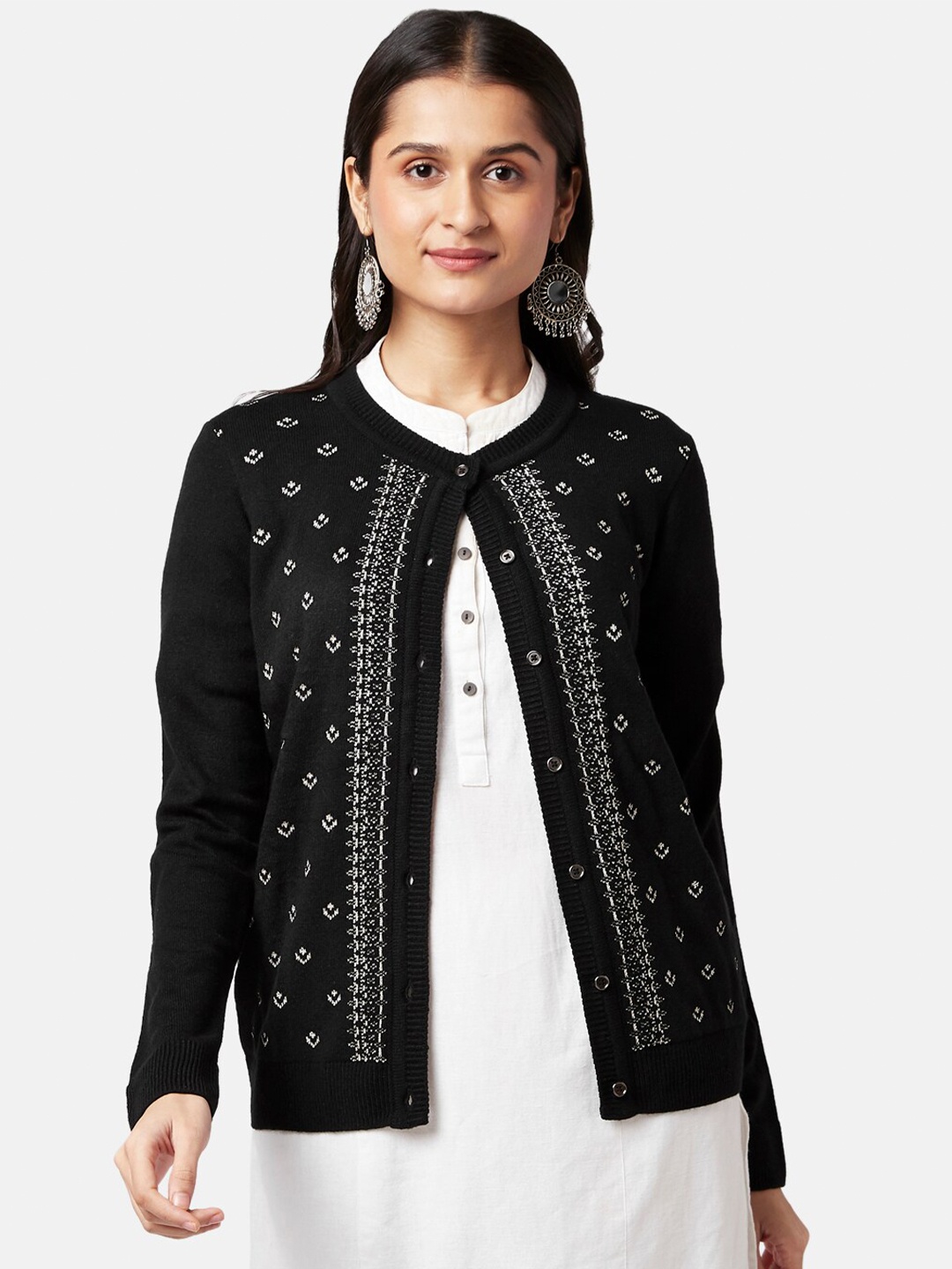 

RANGMANCH BY PANTALOONS Women Black & White Printed Acrylic Cardigan