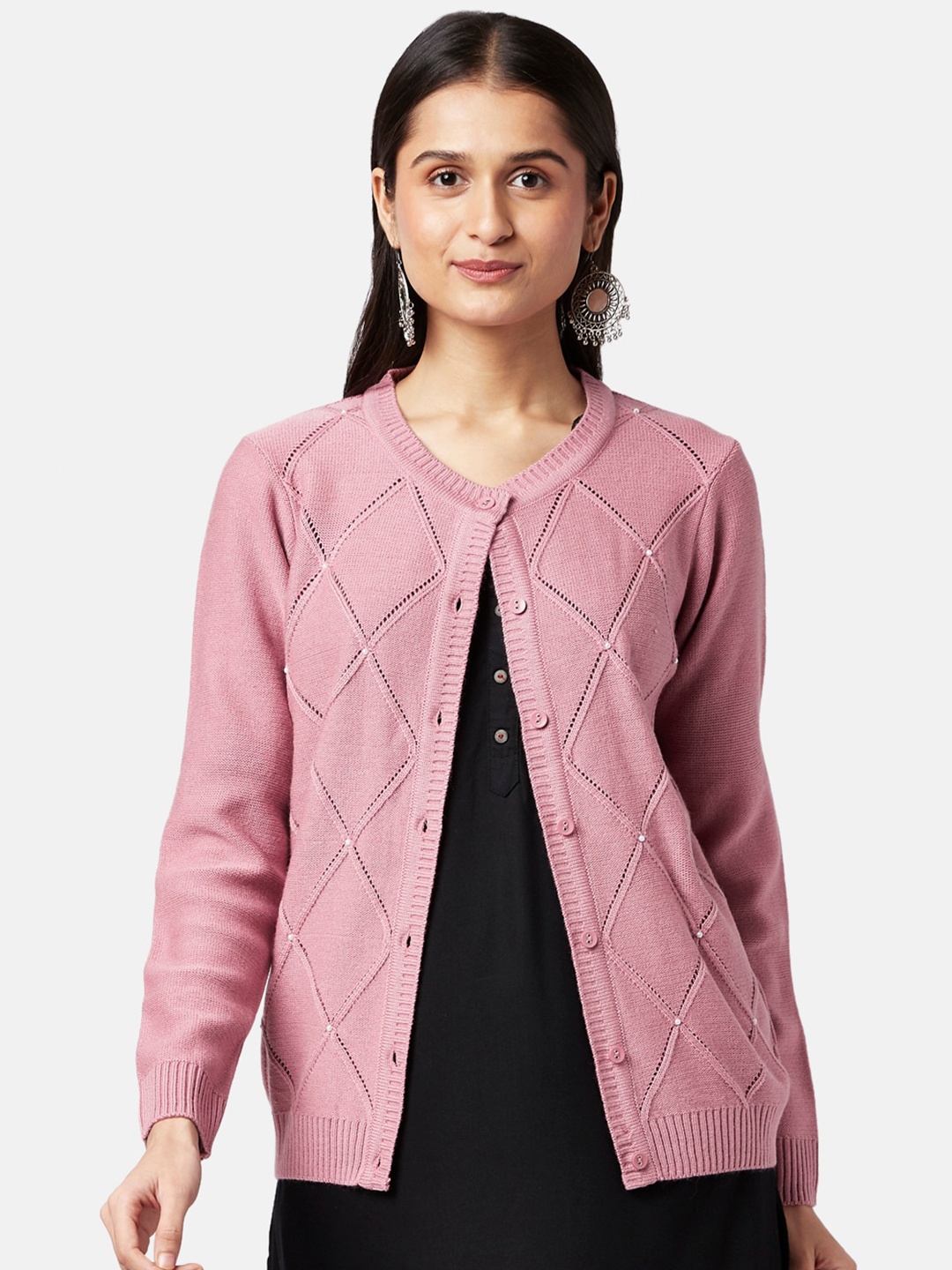

RANGMANCH BY PANTALOONS Women Pink & White Cardigan
