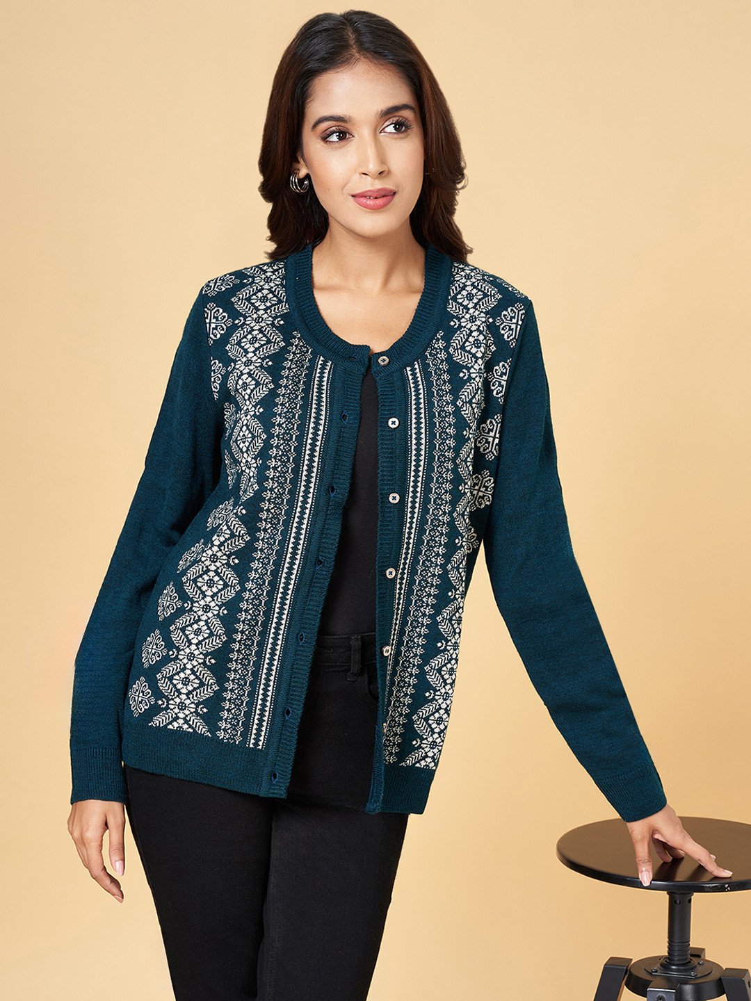 

RANGMANCH BY PANTALOONS Women Teal & White Printed Acrylic Cardigan
