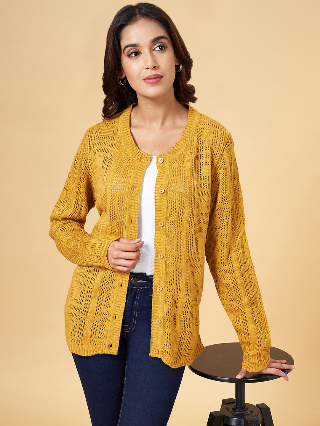 

RANGMANCH BY PANTALOONS Women Mustard Self Design Acrylic Cardigan