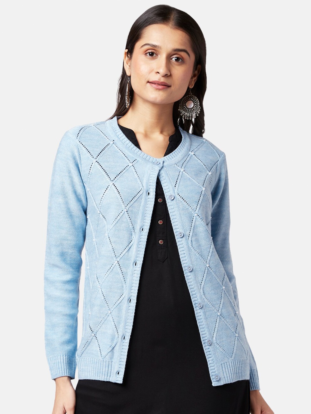 

RANGMANCH BY PANTALOONS Women Blue & White Acrylic Cardigan