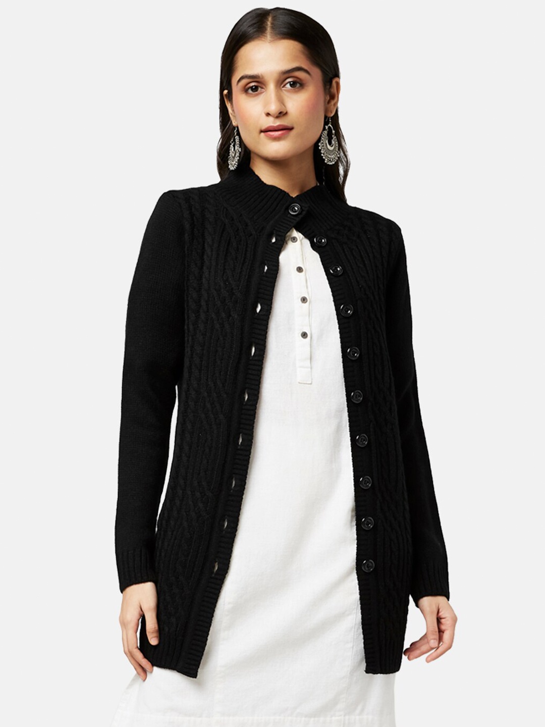 

RANGMANCH BY PANTALOONS Women Black Cable Knit Acrylic Cardigan