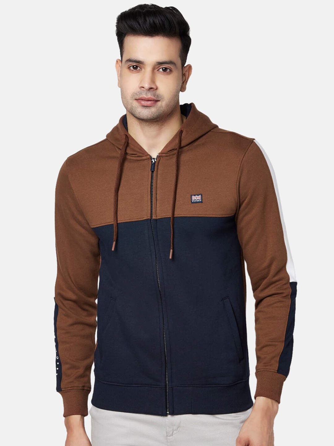 

BYFORD by Pantaloons Men Brown & Navy Blue Colourblocked Cotton Hooded Sweatshirt