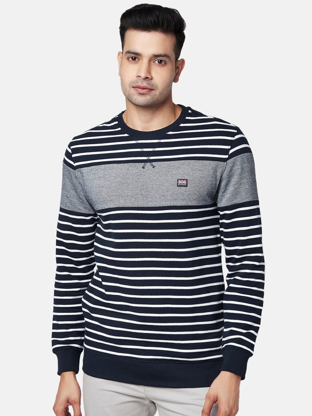 

BYFORD by Pantaloons Men Navy Blue & White Striped Cotton Sweatshirt