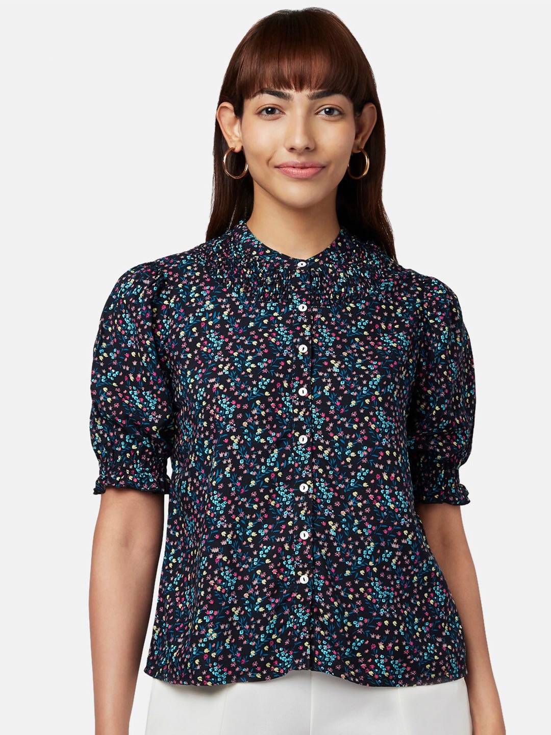 

Honey by Pantaloons Black Floral Print Mandarin Collar Shirt Style Top