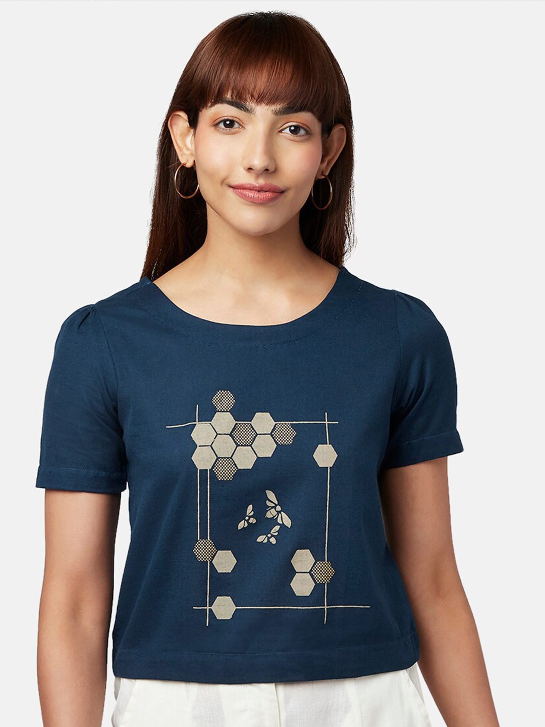 

AKKRITI BY PANTALOONS Women Blue Printed Crop Top