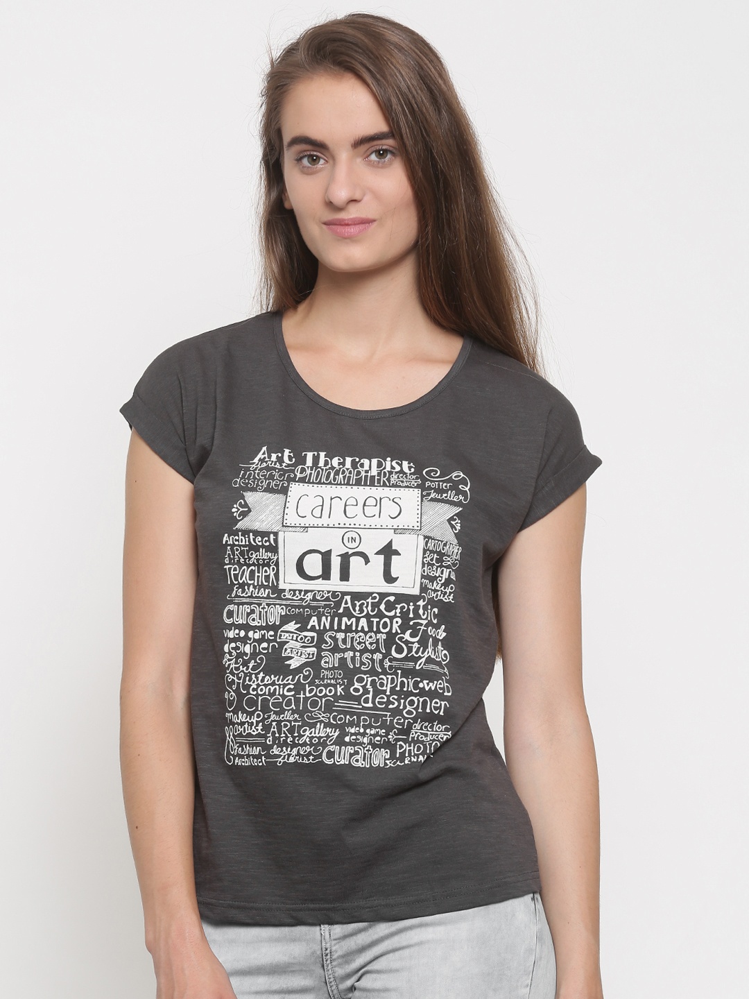 

Ginger by Lifestyle Women Grey Printed Pure Cotton T-shirt
