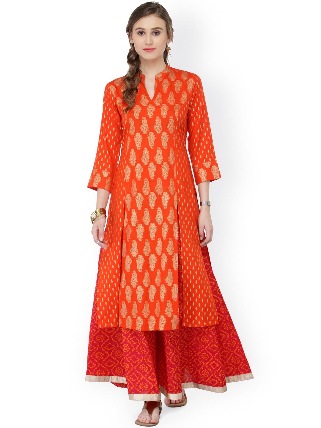 

Varanga Women Orange & Pink Foil Print Straight Kurta with Palazzos