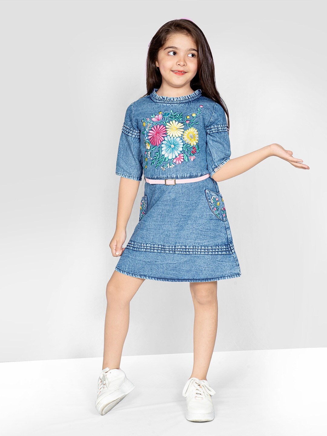 

Naughty Ninos Girls Blue Floral Embroidered Pure Cotton A-Line Dress