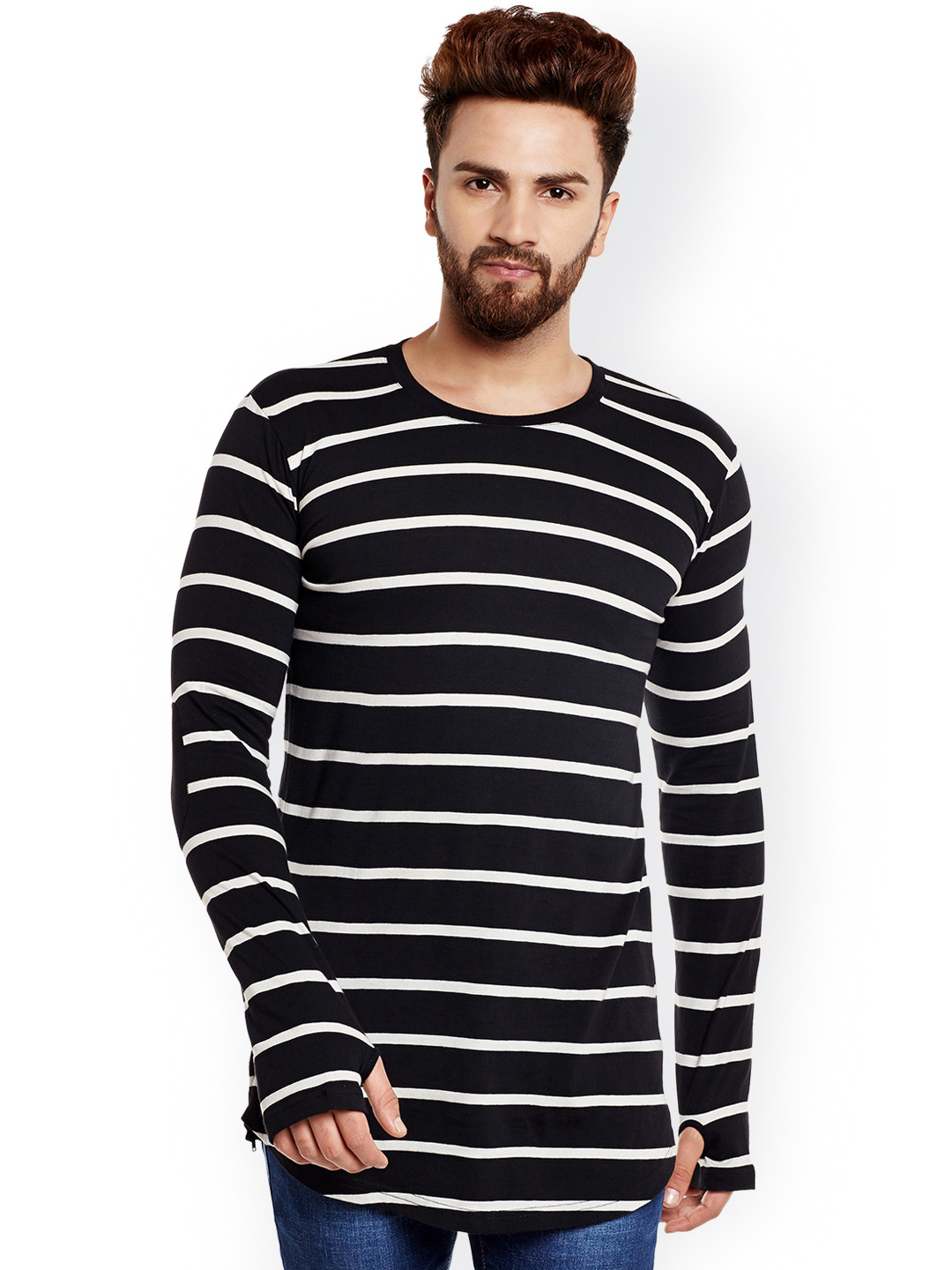 

Hypernation Men Black & White Striped Slim Fit Longline T-shirt
