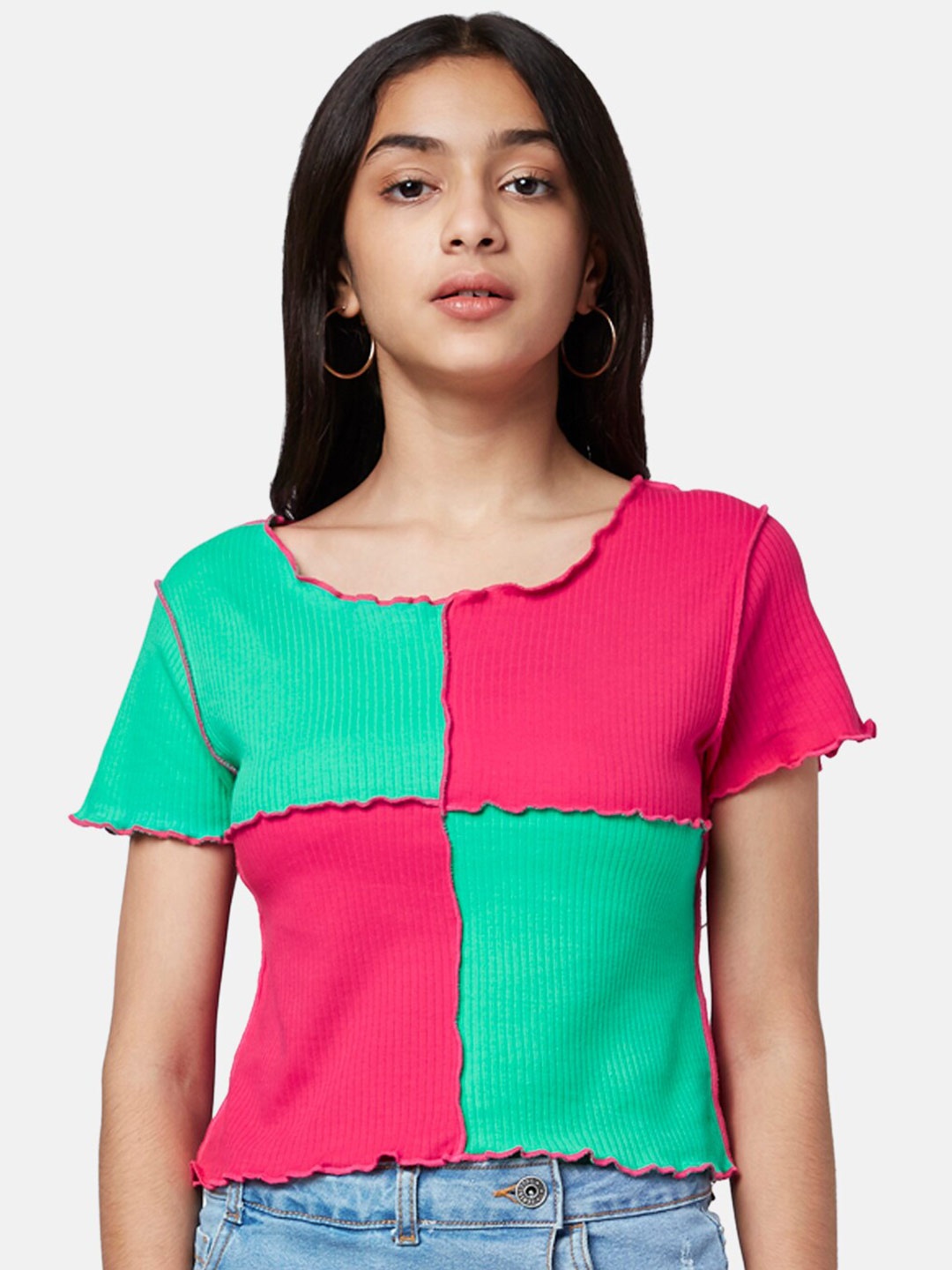 

Coolsters by Pantaloons Girls Pink & Sea Green Colourblocked Cotton T-shirt