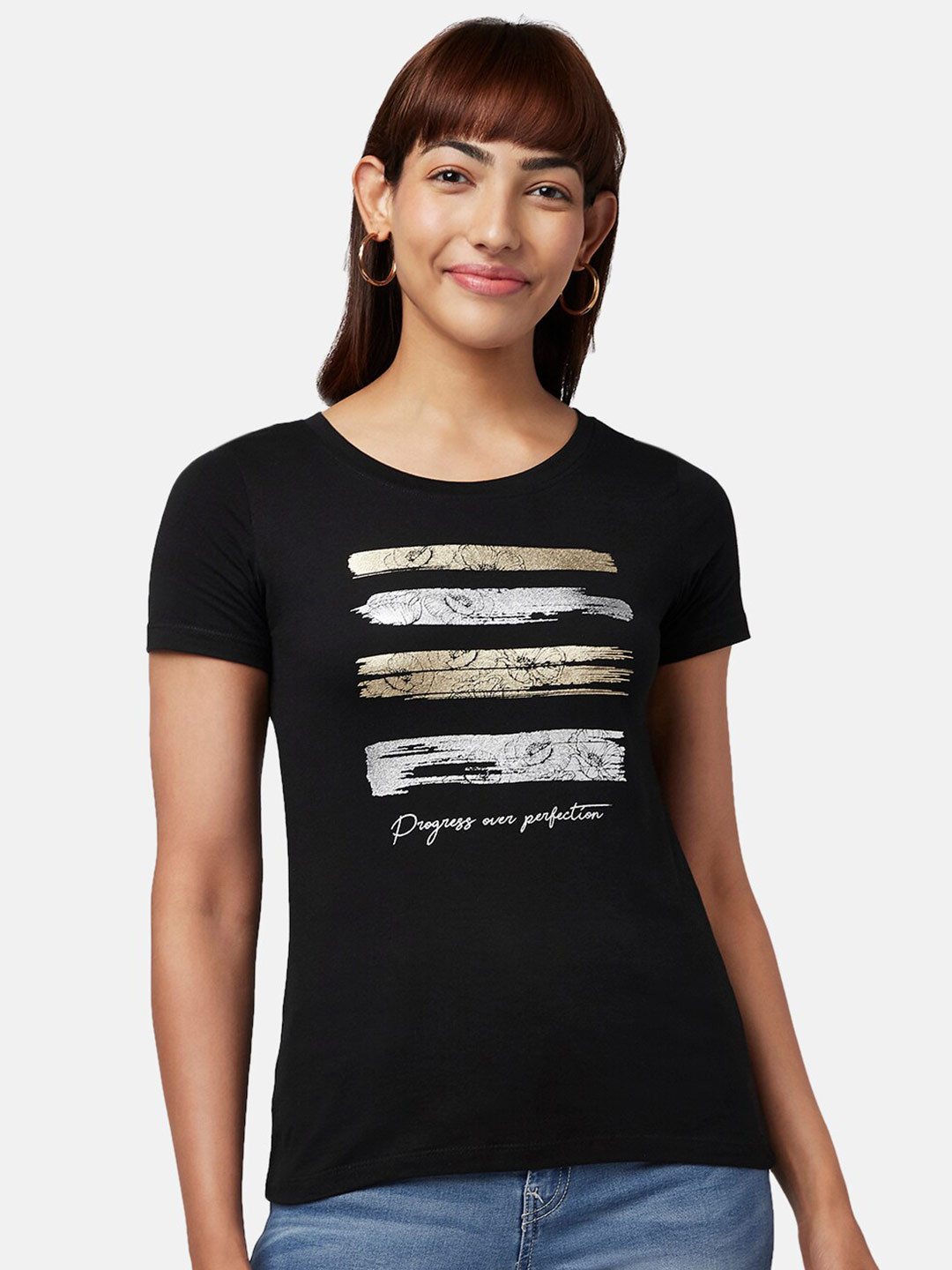 

Honey by Pantaloons Women Black Printed Cotton T-shirt