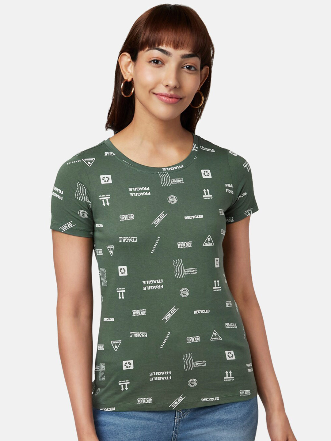 

Honey by Pantaloons Women Green Printed Cotton T-shirt