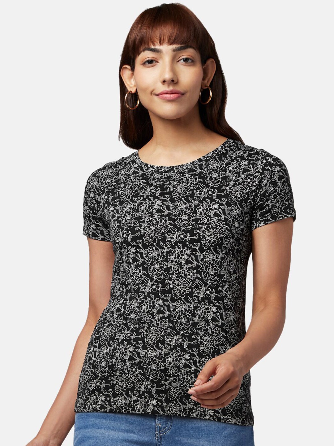 

Honey by Pantaloons Women Black Floral Printed Cotton T-shirt