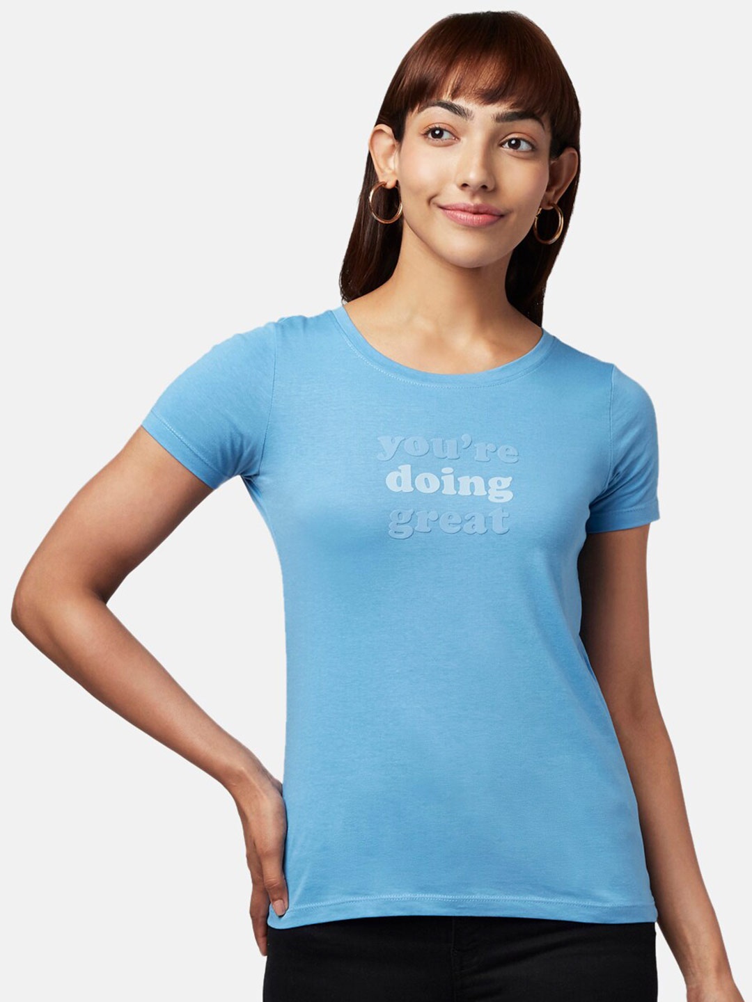 

Honey by Pantaloons Women Blue Typography Printed Cotton T-shirt