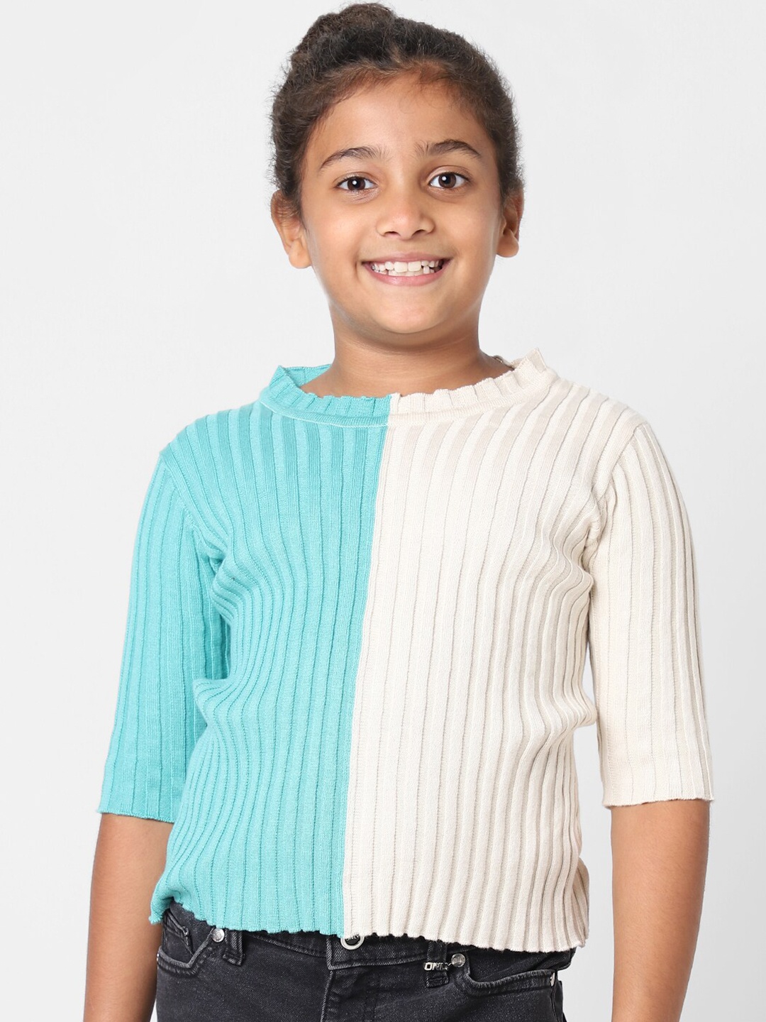 

KIDS ONLY Girls Beige & Blue Colourblocked Top