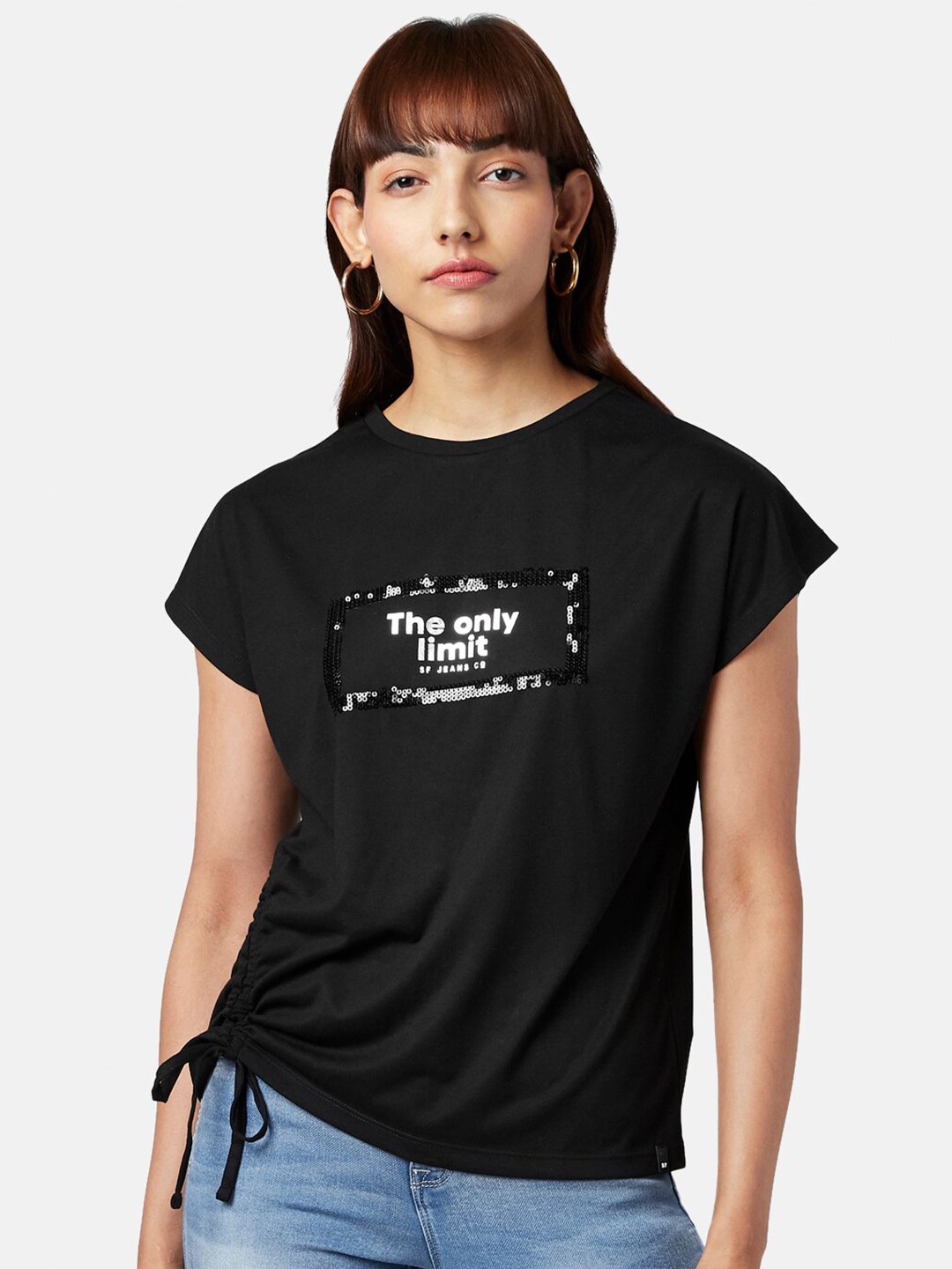

SF JEANS by Pantaloons Women Black Typography Printed Extended Sleeves T-shirt