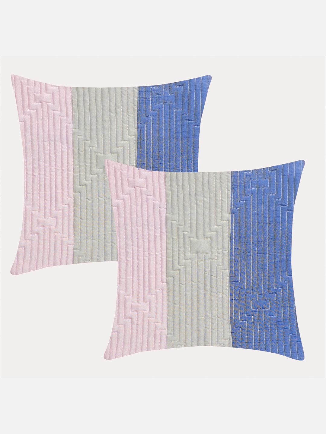 

Molcha Blue & Cream-Coloured Set of 2 Striped Square Cushion Covers