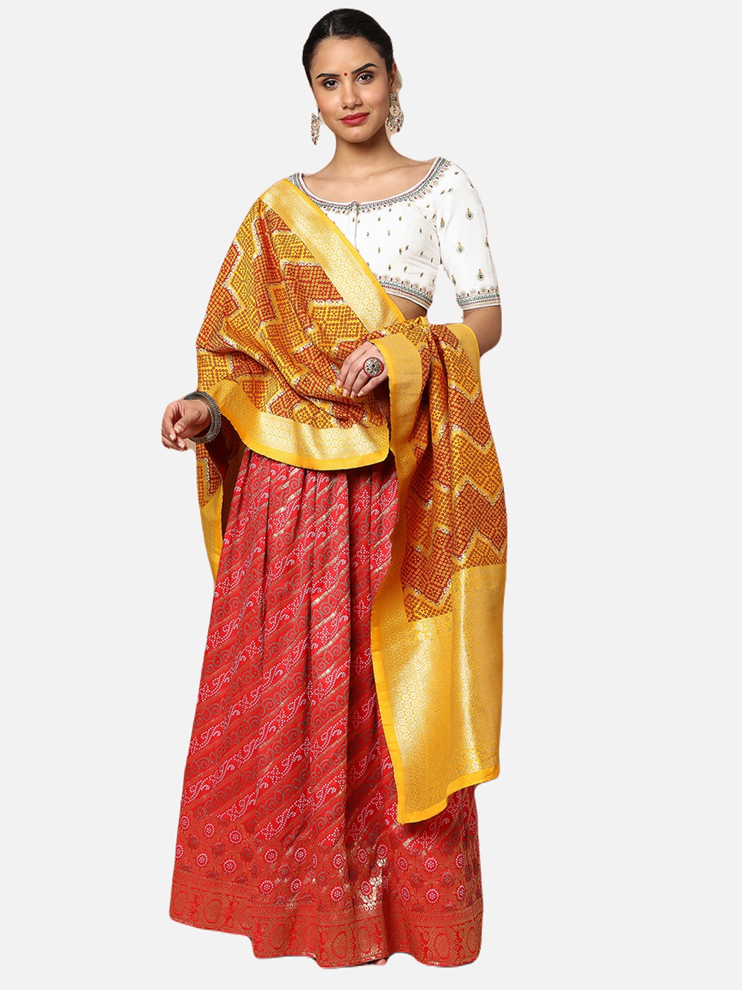 

SALWAR STUDIO Red & Yellow Bandhani Printed Ready to Wear Lehenga & Blouse With Dupatta