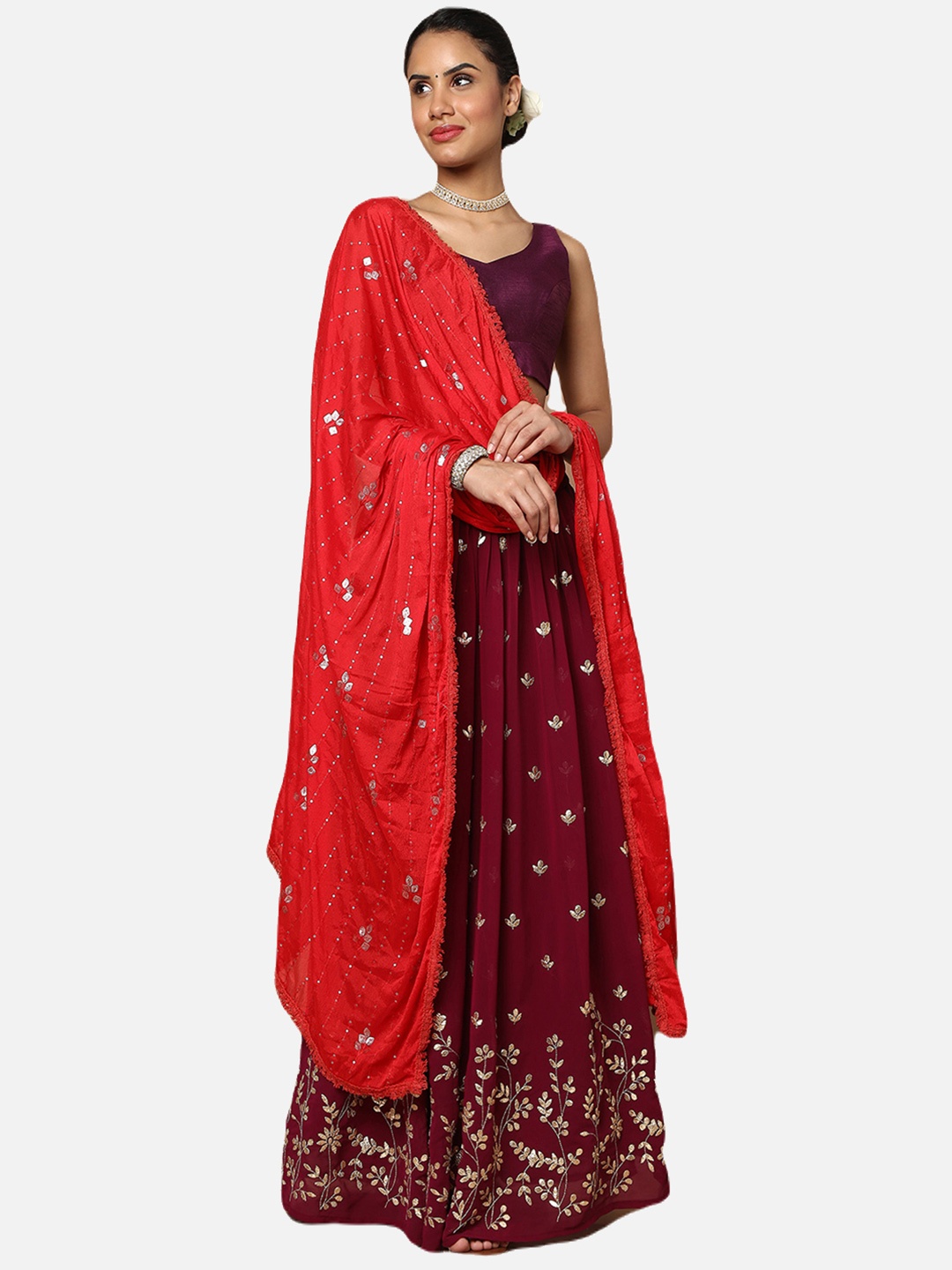 

SALWAR STUDIO Maroon & Red Ready to Wear Lehenga & Blouse With Dupatta