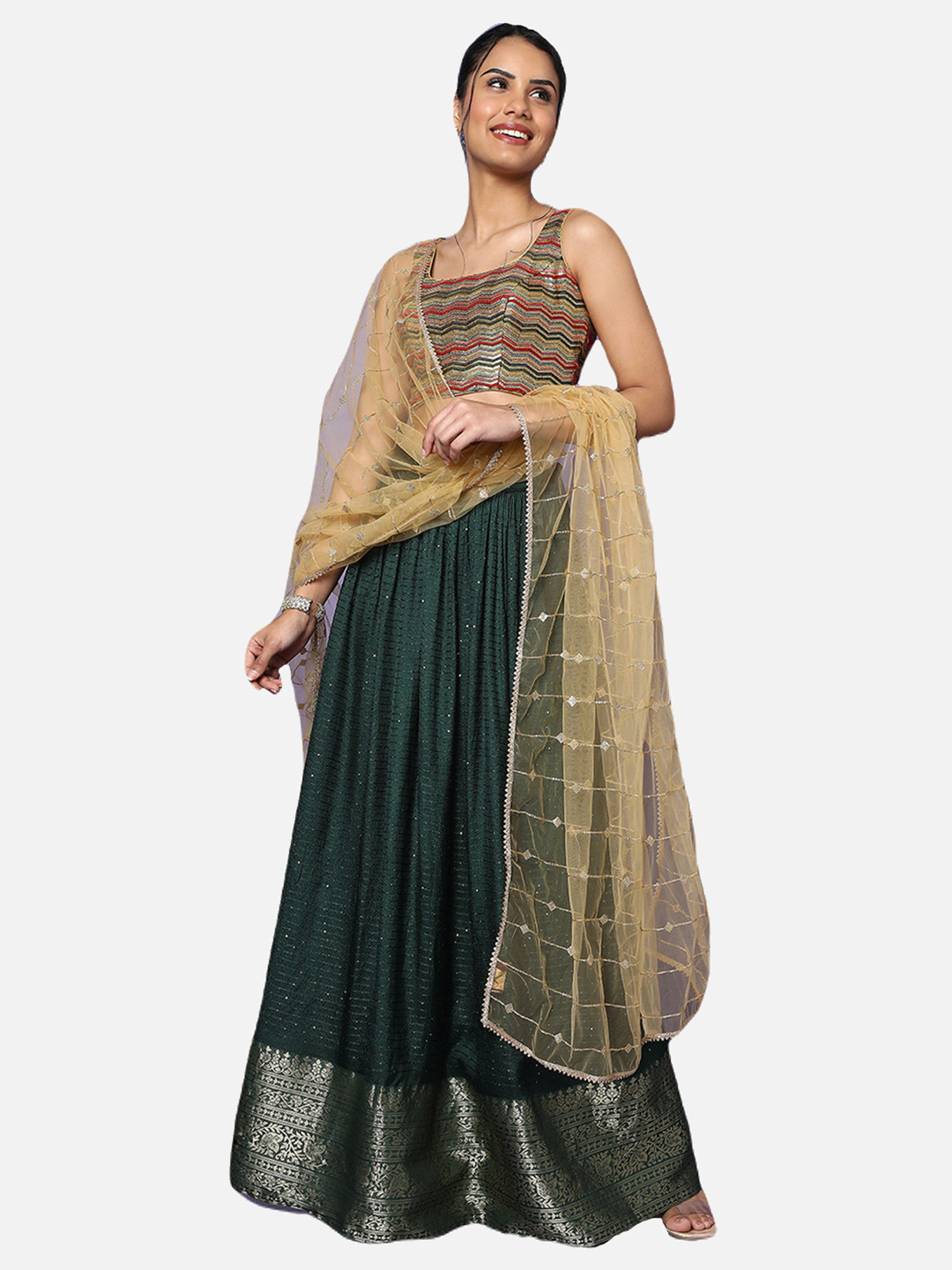 

SALWAR STUDIO Green & Beige Embellished Ready to Wear Lehenga & Blouse With Dupatta