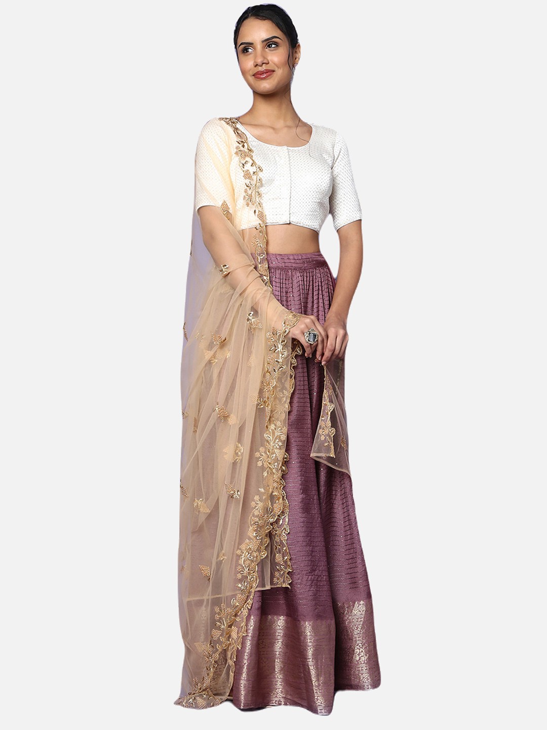

SALWAR STUDIO Pink & White Embroidered Ready to Wear Lehenga & Blouse With Dupatta