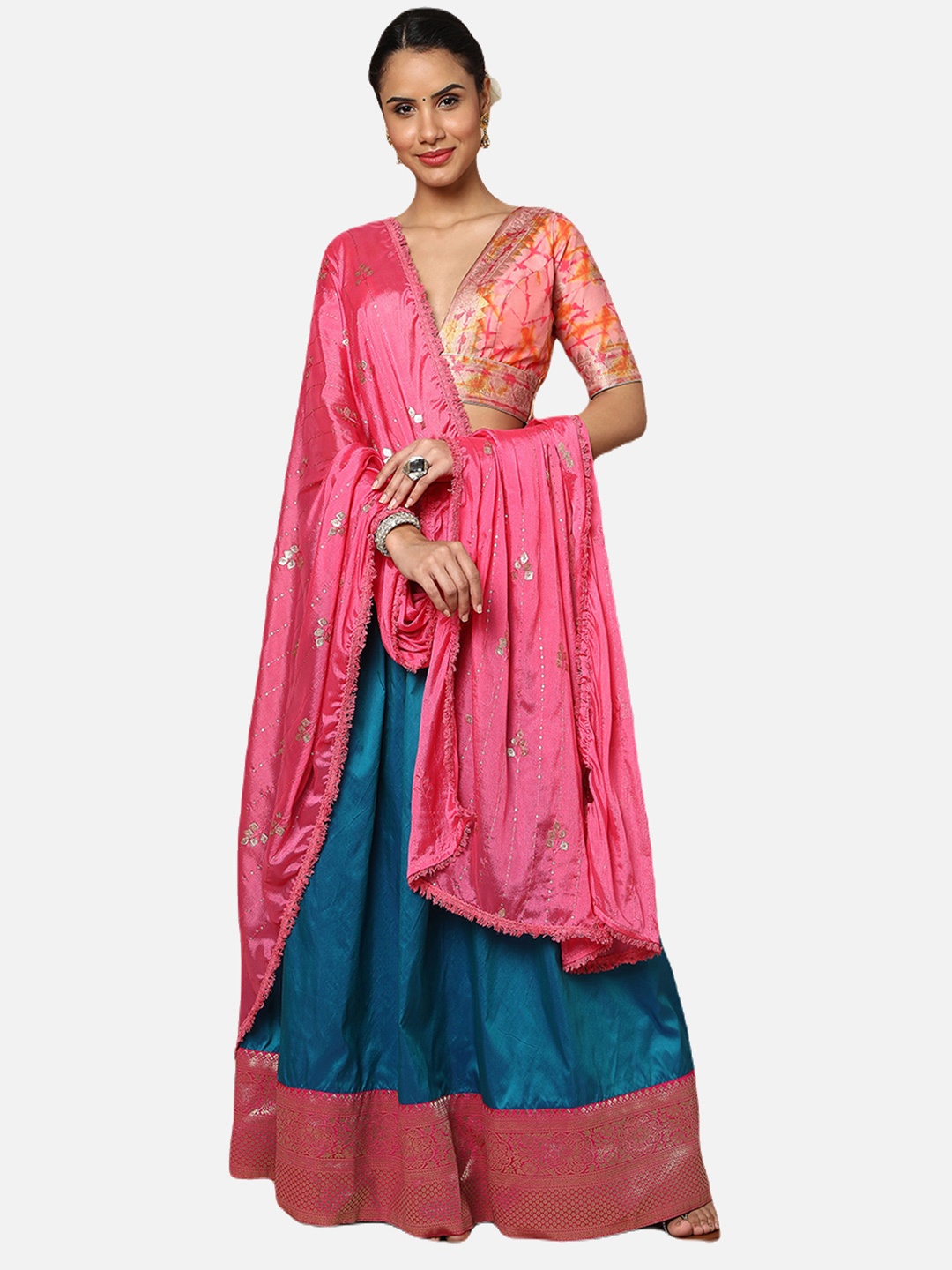 

SALWAR STUDIO Blue & Pink Dyed Ready to Wear Lehenga & Blouse With Dupatta