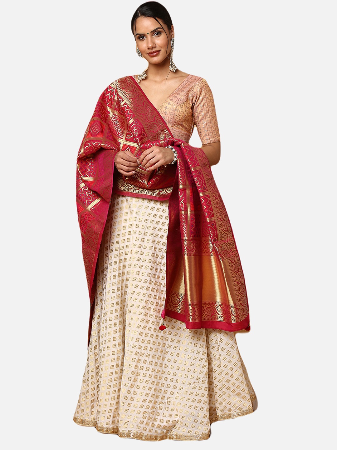 

SALWAR STUDIO White & Pink Ready to Wear Lehenga & Blouse With Dupatta