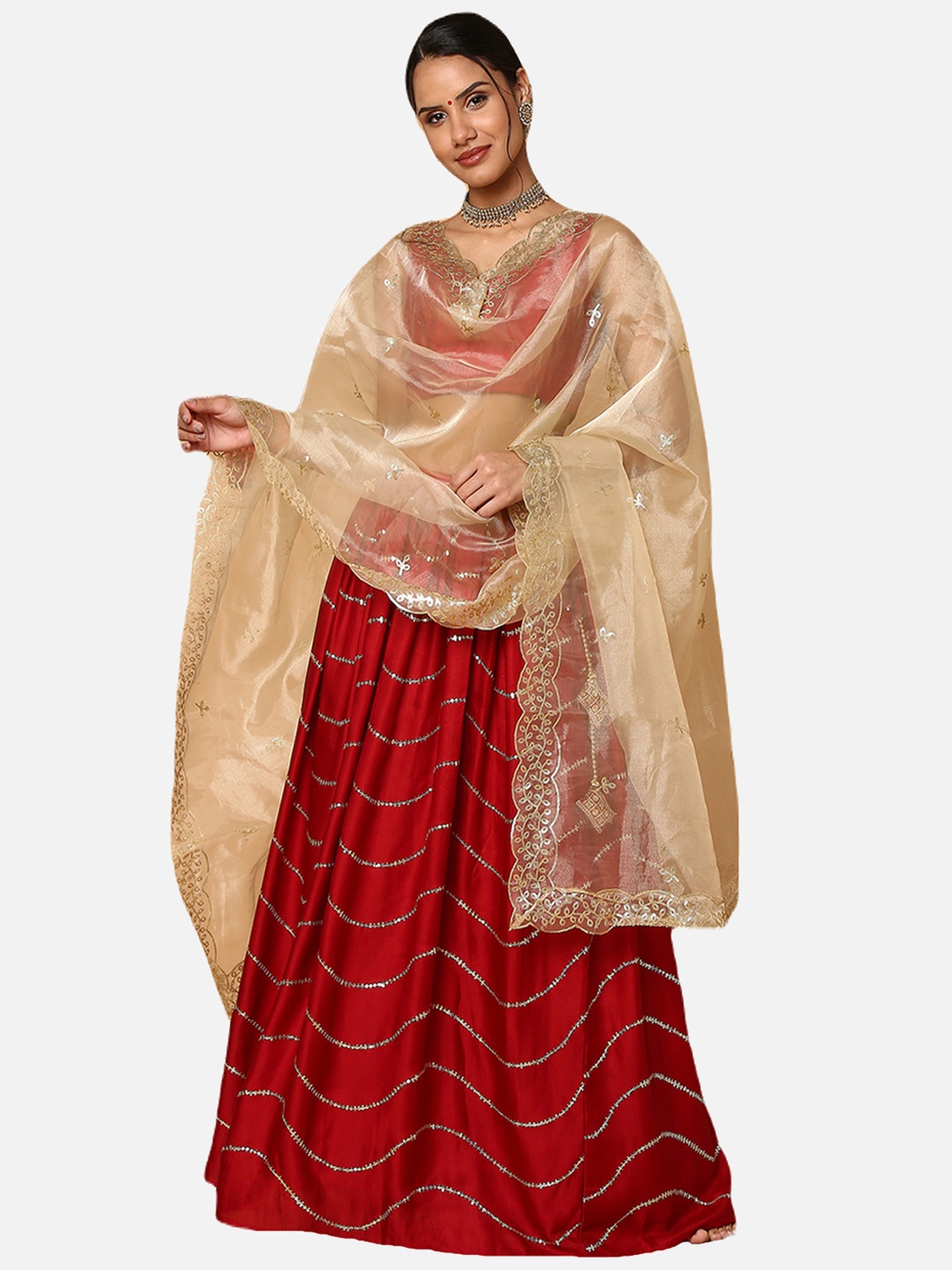 

SALWAR STUDIO Maroon & Beige Embellished Ready to Wear Lehenga & Blouse With Dupatta