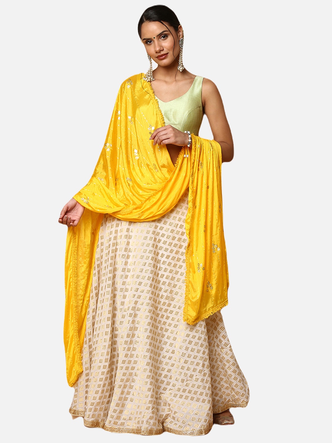 

SALWAR STUDIO Off White & Yellow Ready to Wear Lehenga & Blouse With Dupatta