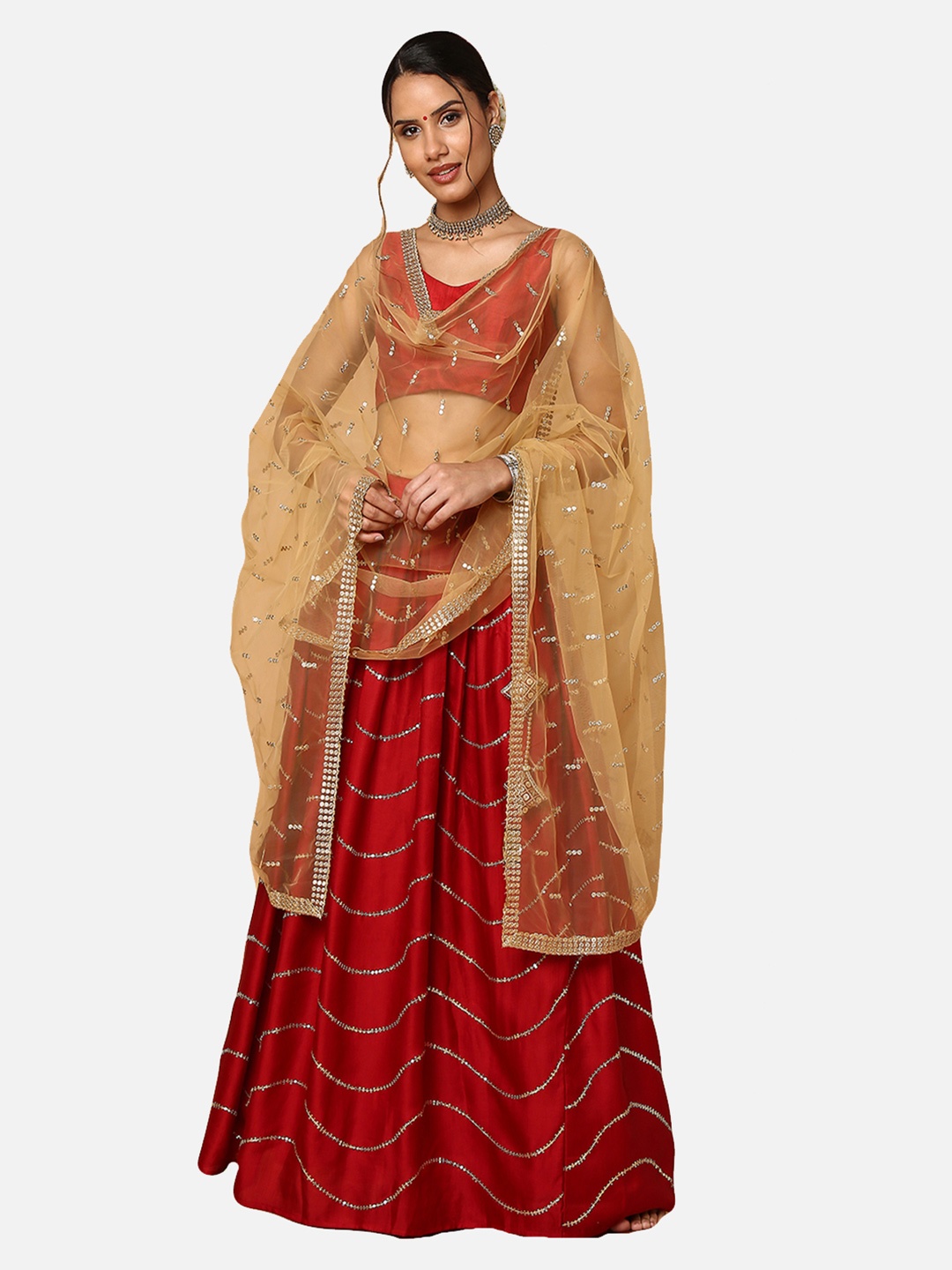 

SALWAR STUDIO Maroon & Gold-Toned Embellished Ready to Wear Lehenga & Blouse With Dupatta